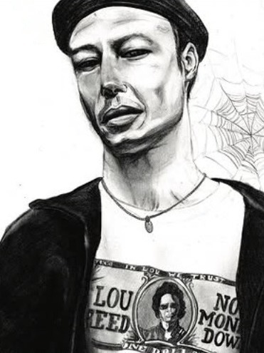 Open Portrait in Beanie — Ink portrait, Lou Reed tee · Old work